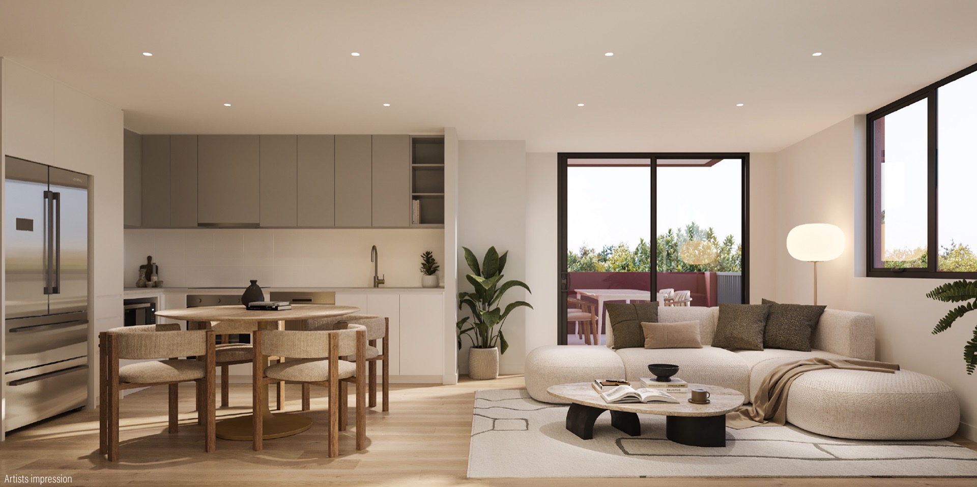 Open-plan lounge and kitchen render